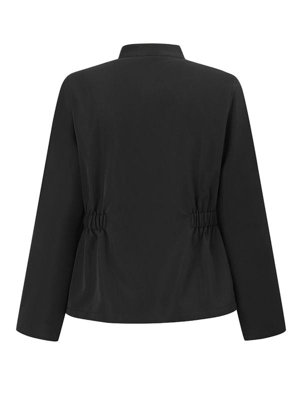 Women's Solid Color Button Front Pocket Jacket, Casual Long Sleeve Stand Collar Outerwear for Fall & Winter, Ladies Clothes for Daily Wear